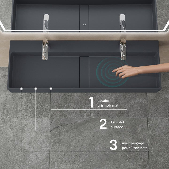 Lavabo Suspendu, Vasque à Poser, Lave-Mains Rectangulaire, 120cm, Gris Noir Mat, avec Cache Bonde, pour Salle de Bains, Colossum6028 doporro - 2