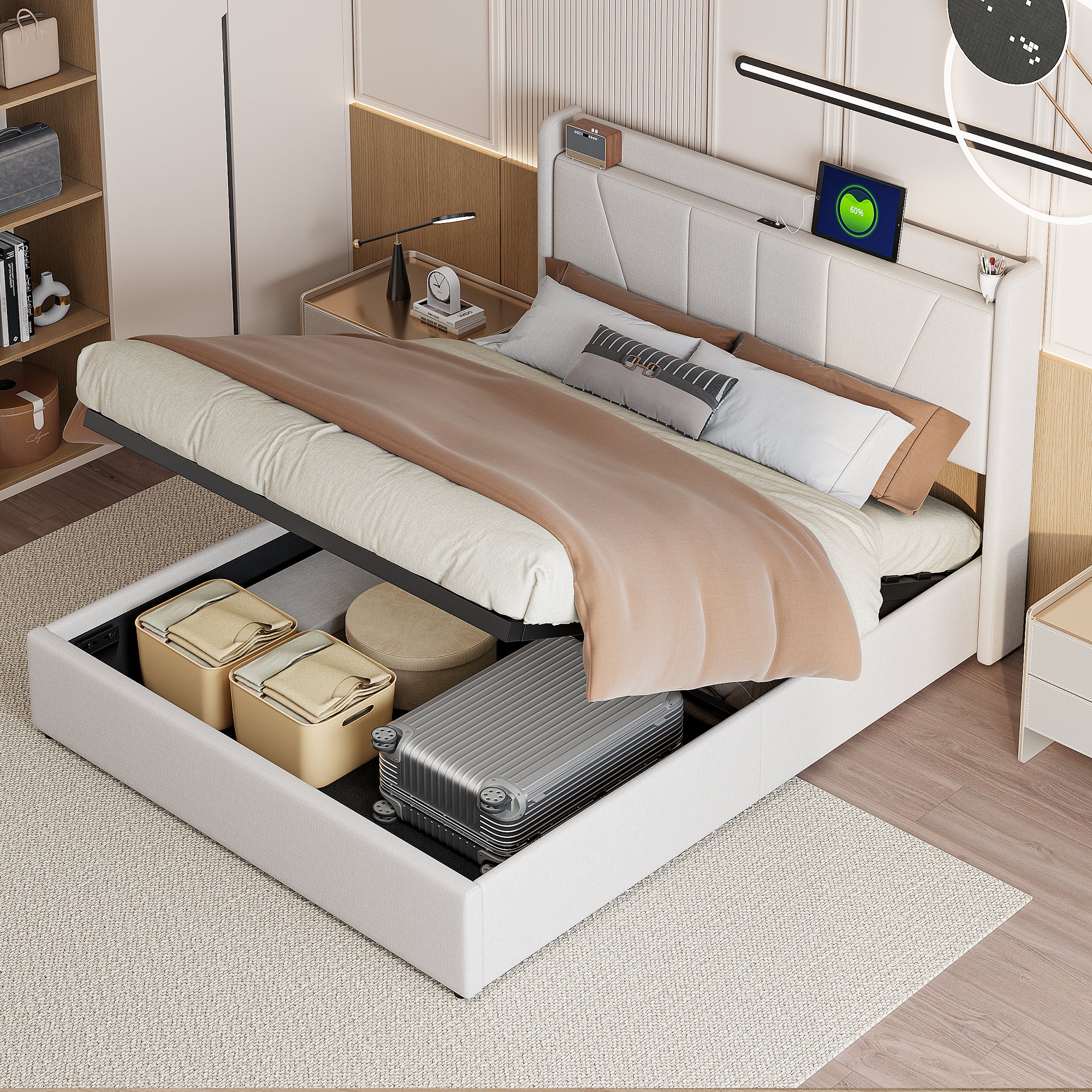 Lit Coffre 160x200 avec USB et Type C, Lit capitonné avec Sommier à Lattes, Lit Double, Beige - 2