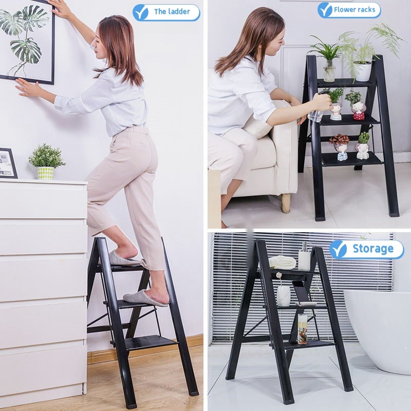 Escabeau escamotable à 3 marches, marchepieds antidérapants plus larges et améliorés, esabeau portable, supporte jusqu'à 150 kg (noir) - 8