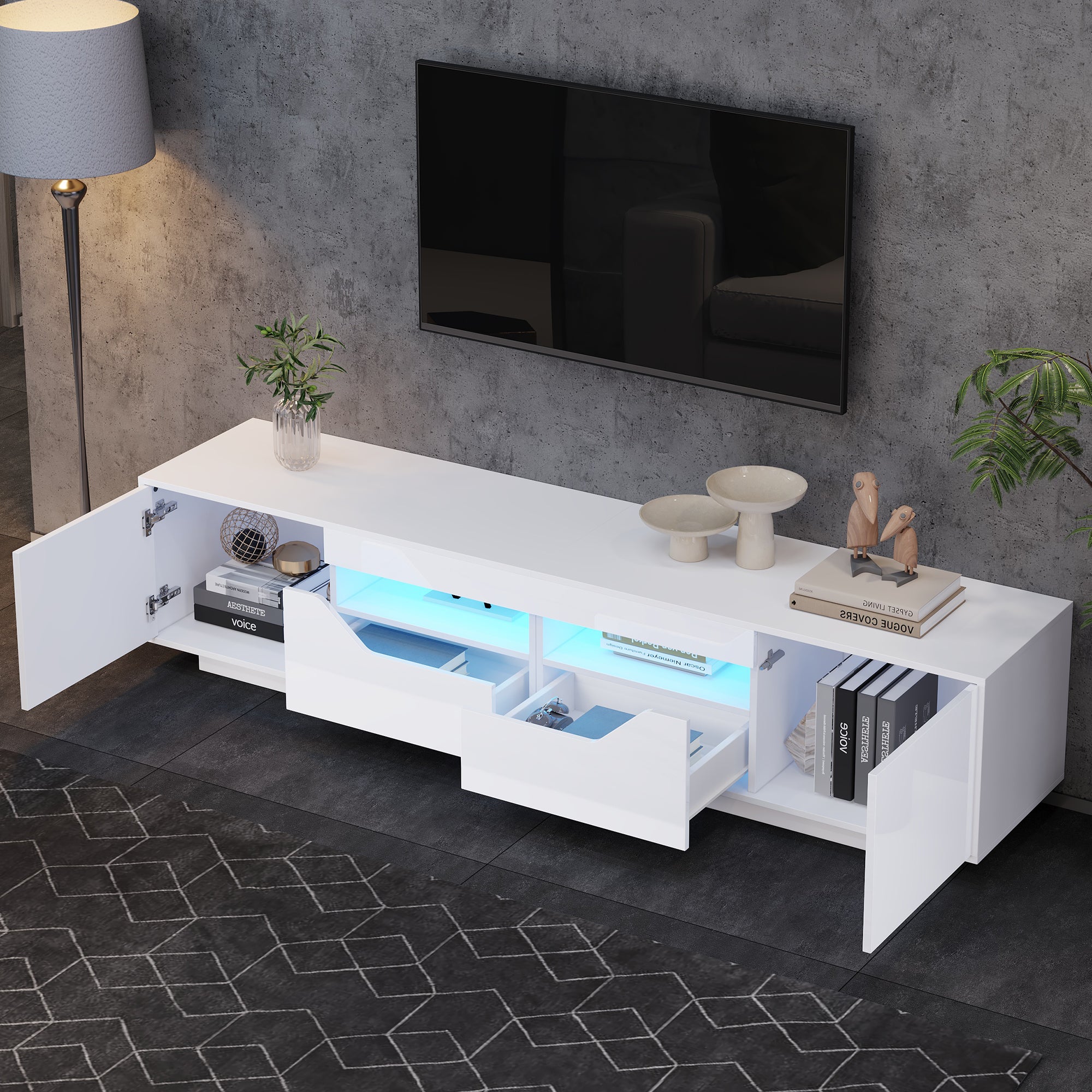Meuble TV brillant 180x40x45 cm - avec éclairage LED - 2 tiroirs et 2 portes - Compatible avec téléviseurs 75 pouces - Blanc - 6