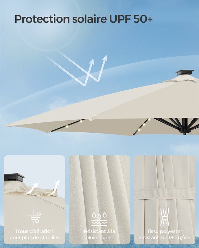 Parasol de Jardin 300 cm, 28 LED Solaires, UPF 50+, Pivotant à 360°, Inclinaison Fluide, Manivelle, avec Base en Croix, Blabc Crème - 4