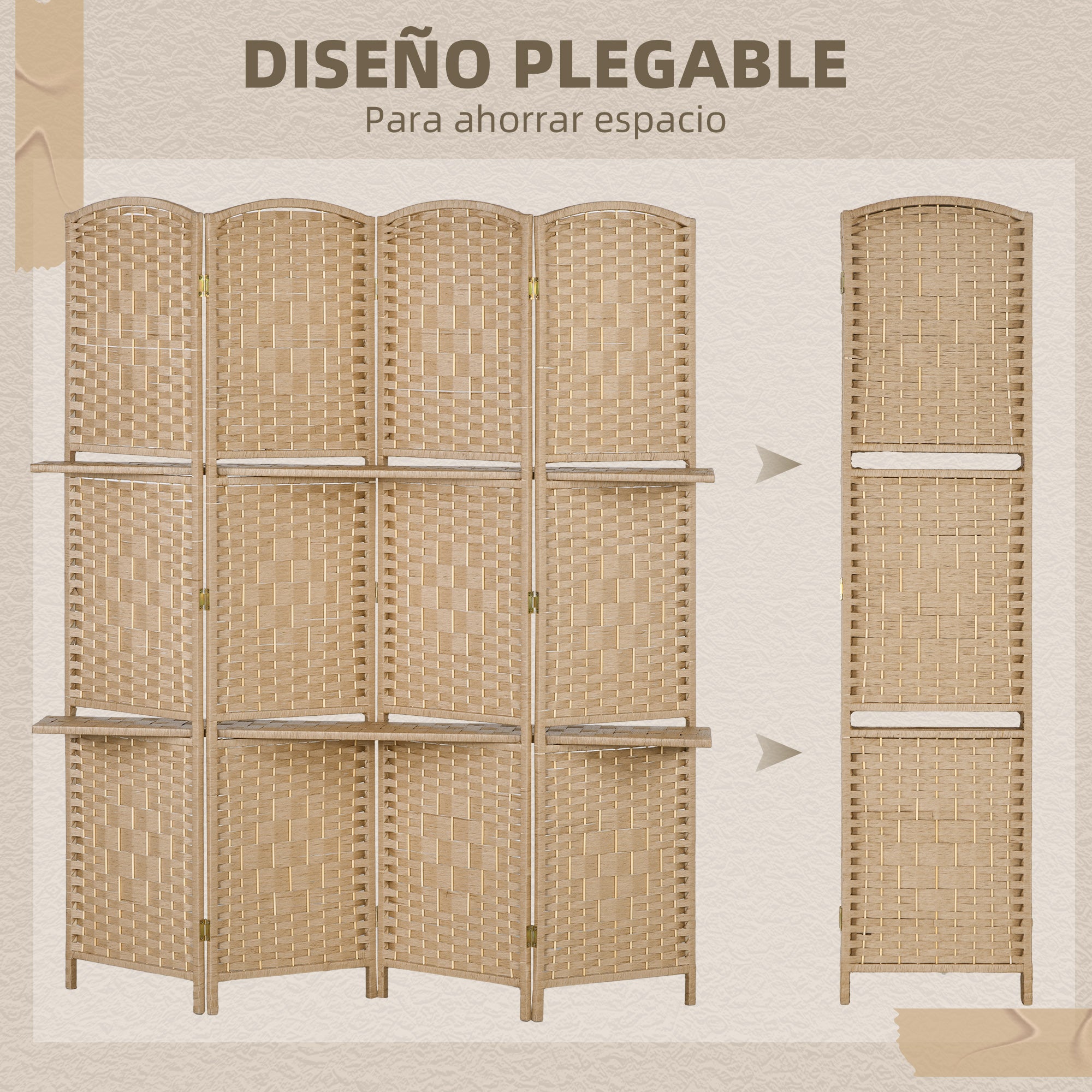 Écran de séparation 160x170 cm naturel de pièce 4 panneaux avec 2 étagères d’exposition pliantes paravent de confidentialité - 6