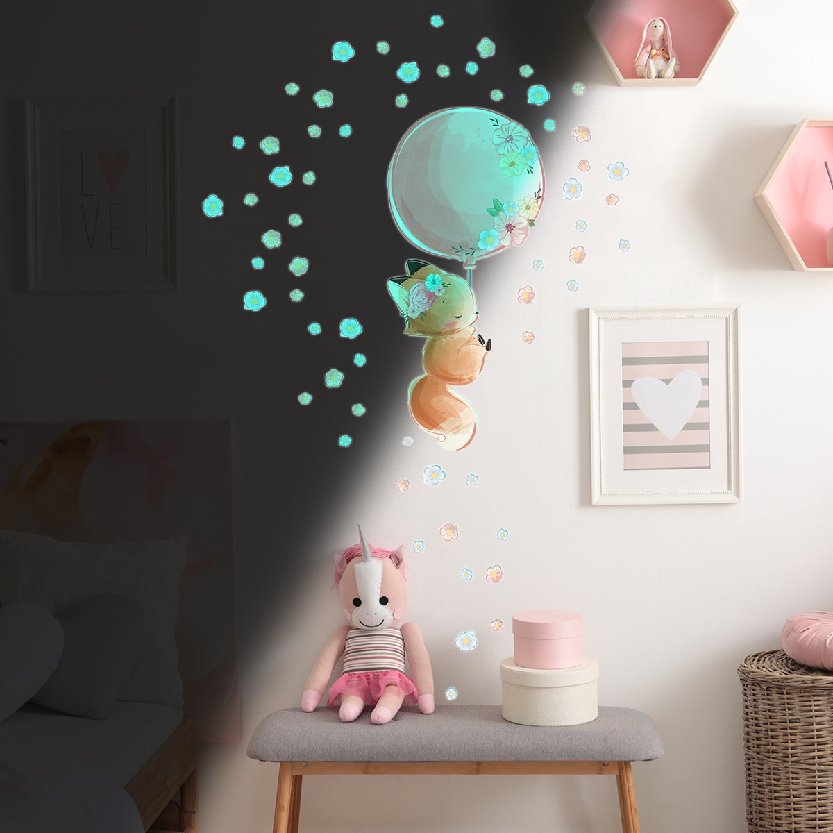 Adesivos fosforescente volpe e il suo pallone + 60 fiori - Sticker adesivo - adesivi murali - 120x150cm - 3
