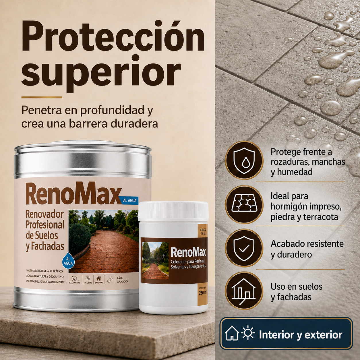RENOMAX - Resina Hormigon Impreso y Superficies Porosas Al Agua + Tinte Hormigon Impreso Color Cemento, 2L Cubre hasta 20m² | Garantía 5 Años - 2