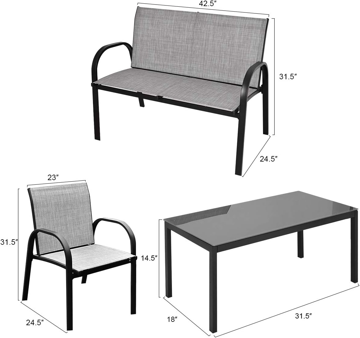 Ensemble de Salon de Jardin en Textilène 4 Personnes, 1 Table Basse en Verre +1 Canapé +2 Fauteuils, GIANTEX - 7
