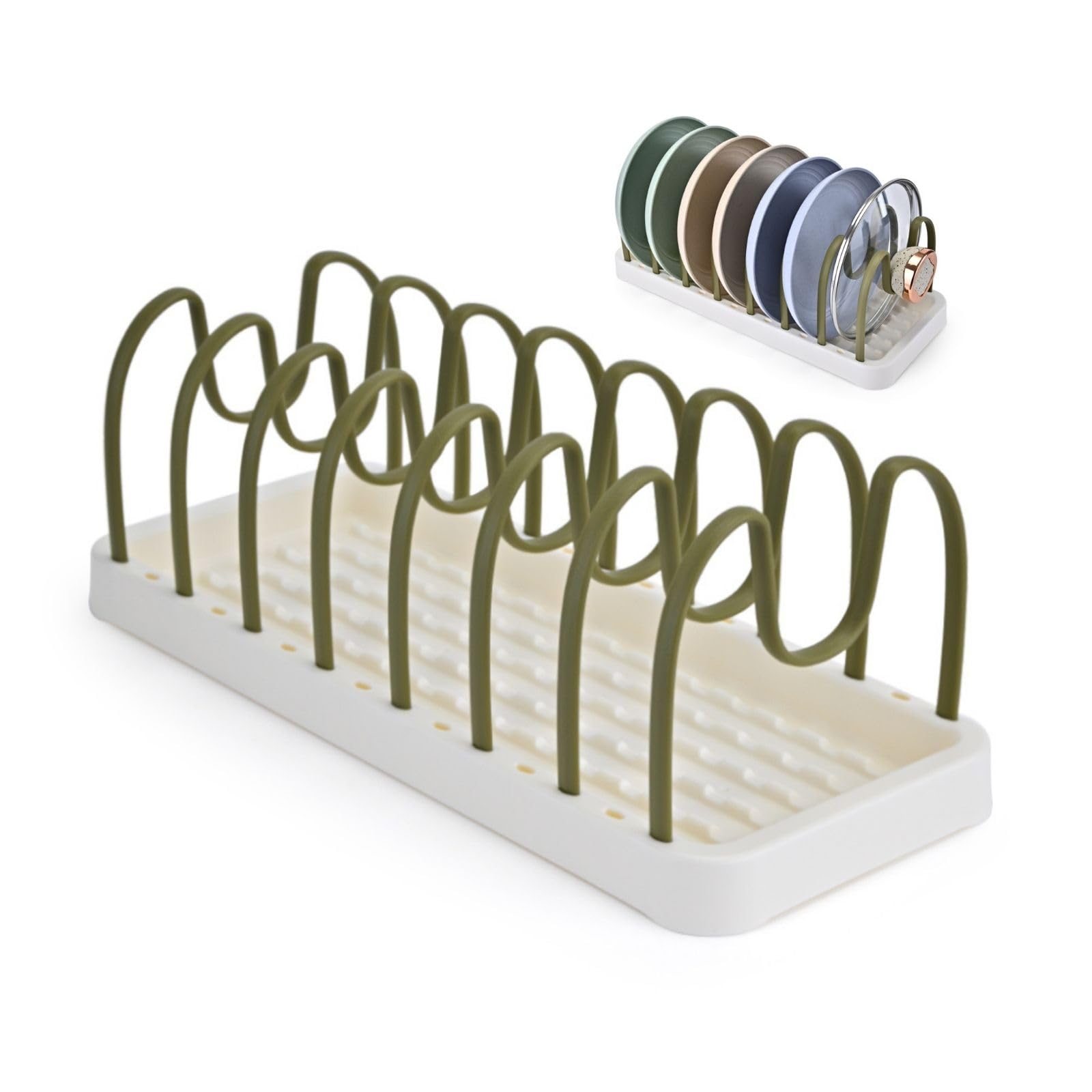 Stojak garnki i patelnie regulowanymi przegródkami przechowywania pokrywek szafkach kuchennych uniwersalny plastikowy uchwyt pokrywki garnków patelni