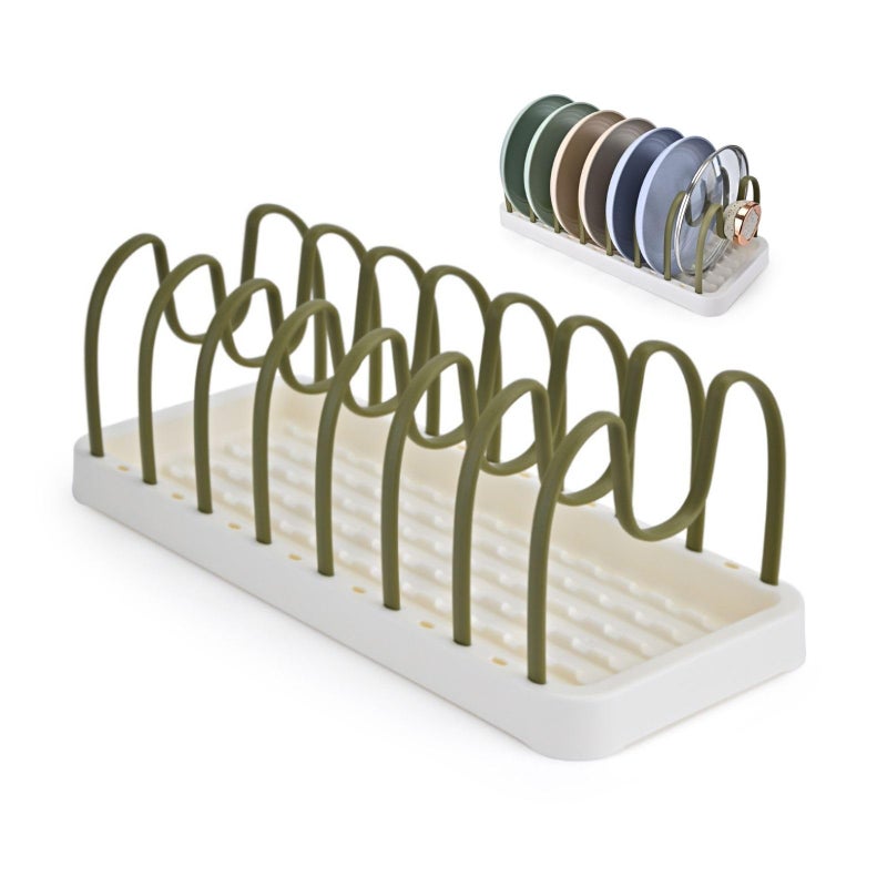 Stojak garnki i patelnie regulowanymi przegródkami przechowywania pokrywek szafkach kuchennych uniwersalny plastikowy uchwyt pokrywki garnków patelni