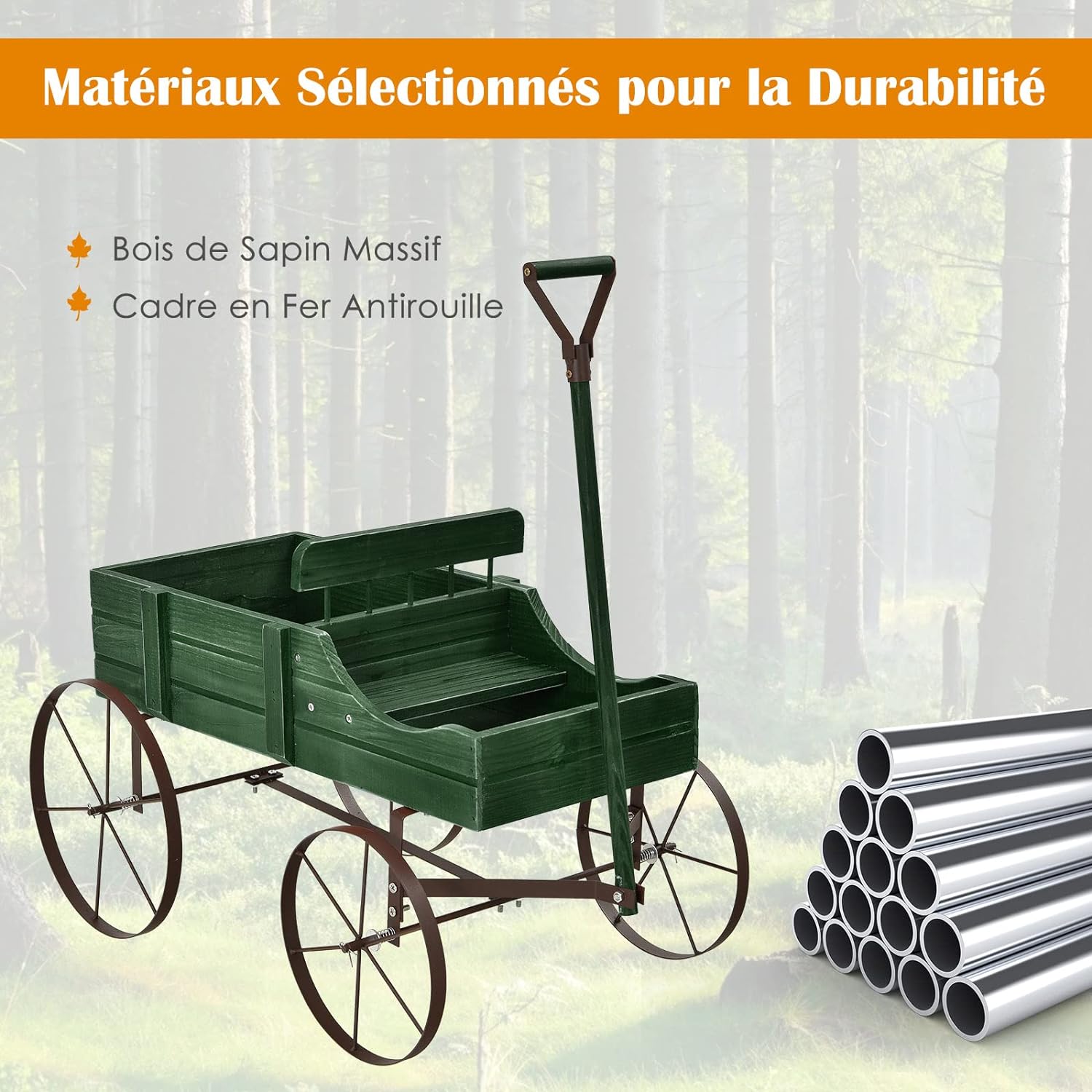 Jardinière Forme Brouette Chariot Décoratif en Bois avec Bac de Plantation pour Jardinières,Jusqu’à 15kg 35×62,5×60cm (Vert) - 2