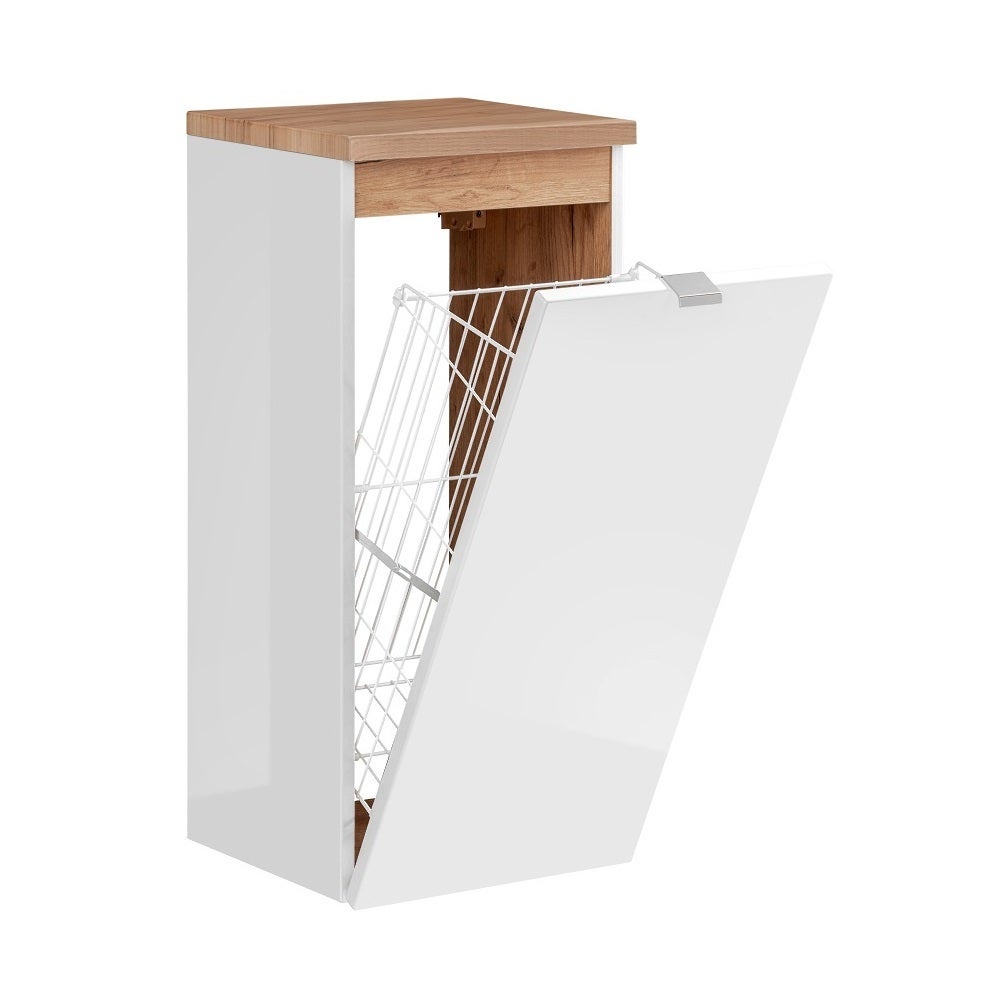 Mueble bajo de baño con cesto para la ropa incluido - Roble artesanal dorado y blanco brillo - L35-H80-P35 - ELENA - 3