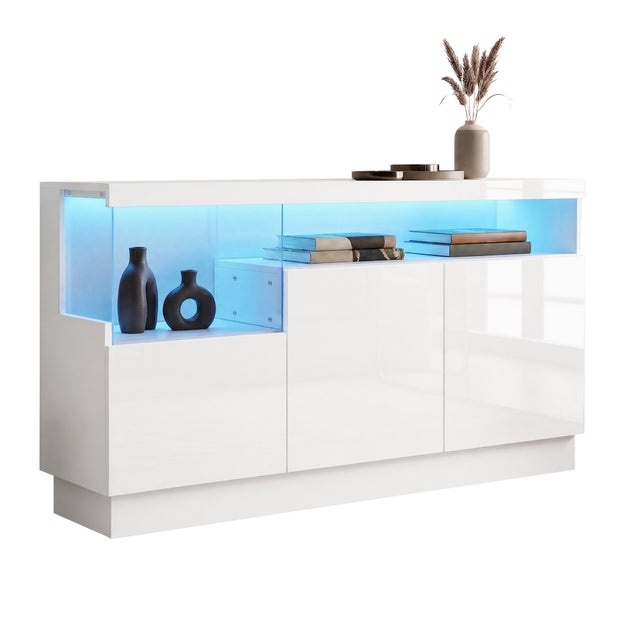Komoda 3-drzwiowa z przegrodą akrylową i oświetleniem LED – 140 x 36 x 80 cm – Płyta wiórowa i MDF – Błyszcząca biel