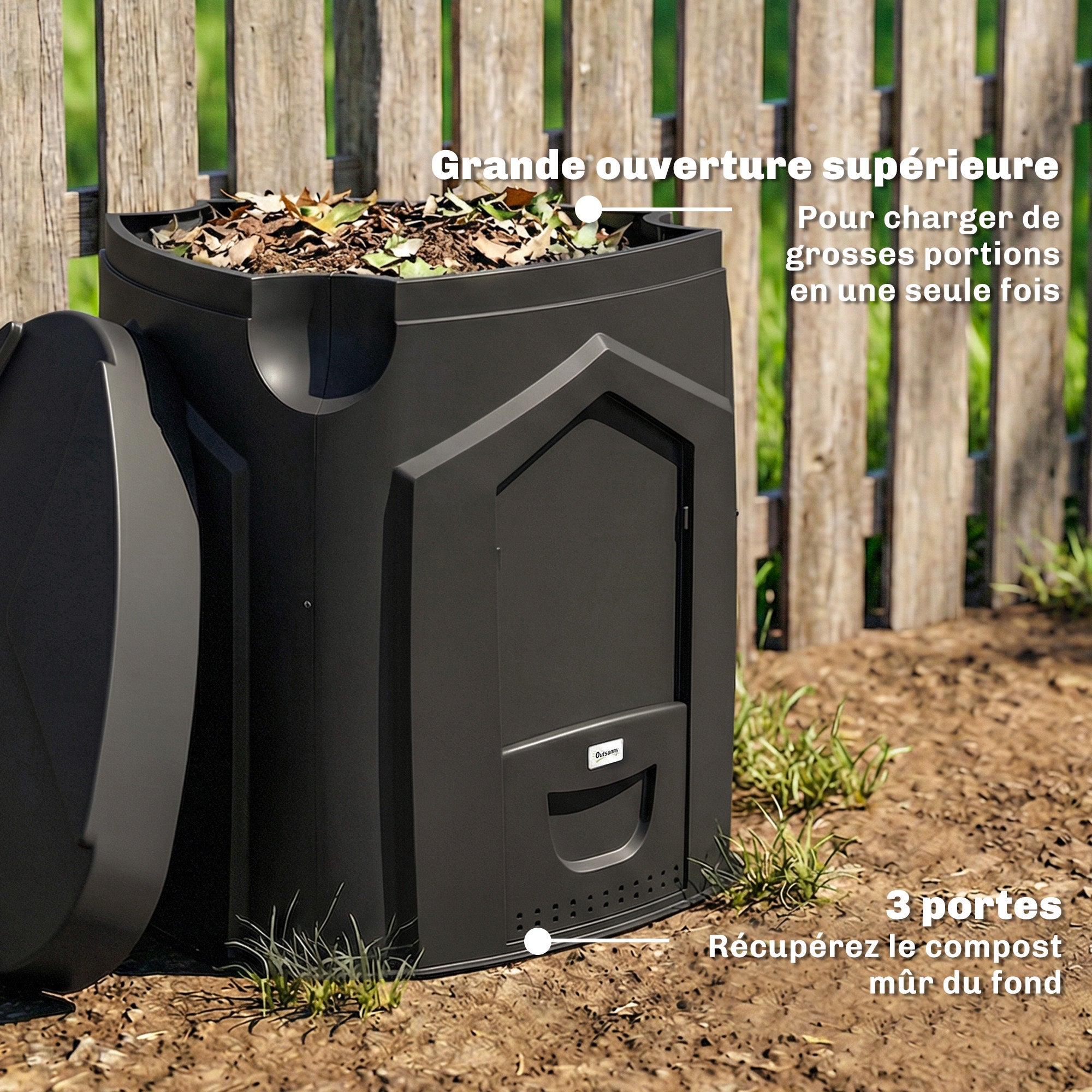 Composteur de jardin, 240L, bac à compost extérieur, en polypropylène, 3 Portes, 66 Aérations, 78 x 75 x 78 cm, Noir - 9