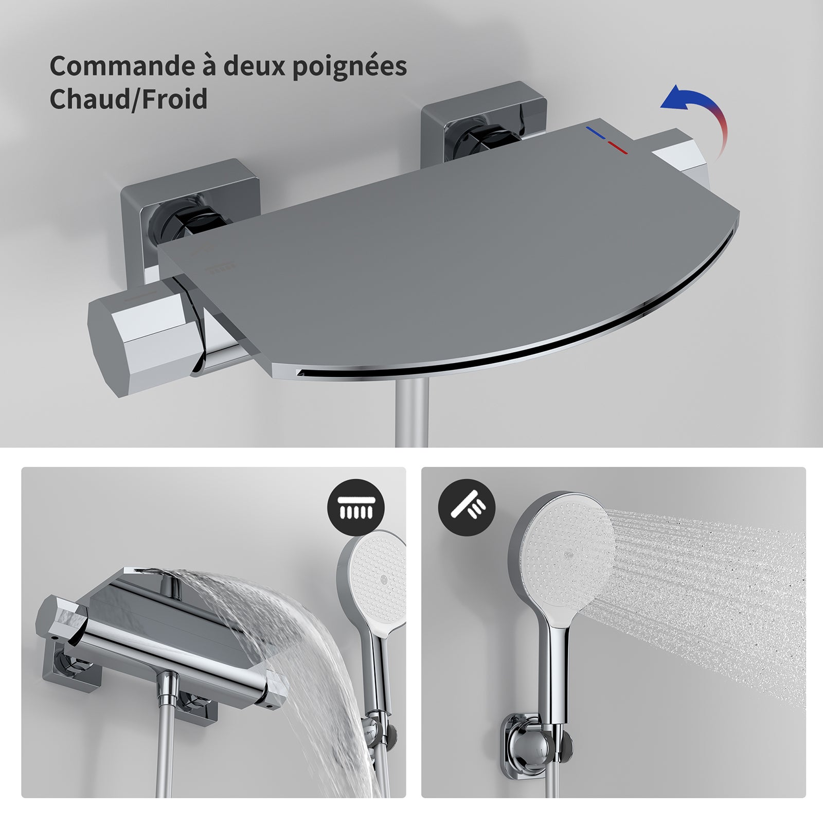 Mitigeur de Baignoire Cascade Extra-Large en Laiton avec Douchette 3+1 Modes et Étagère, Robinet Mural Chromé Grand Débit - 2