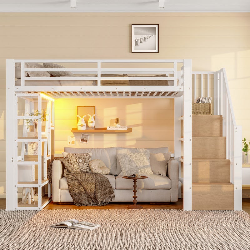 Lit mezzanine en métal 90x200 cm avec étagères, LED RGB, lit enfant avec garde-corps sécurité et sommier lattes - espace ouvert sous lit - blanc - 2