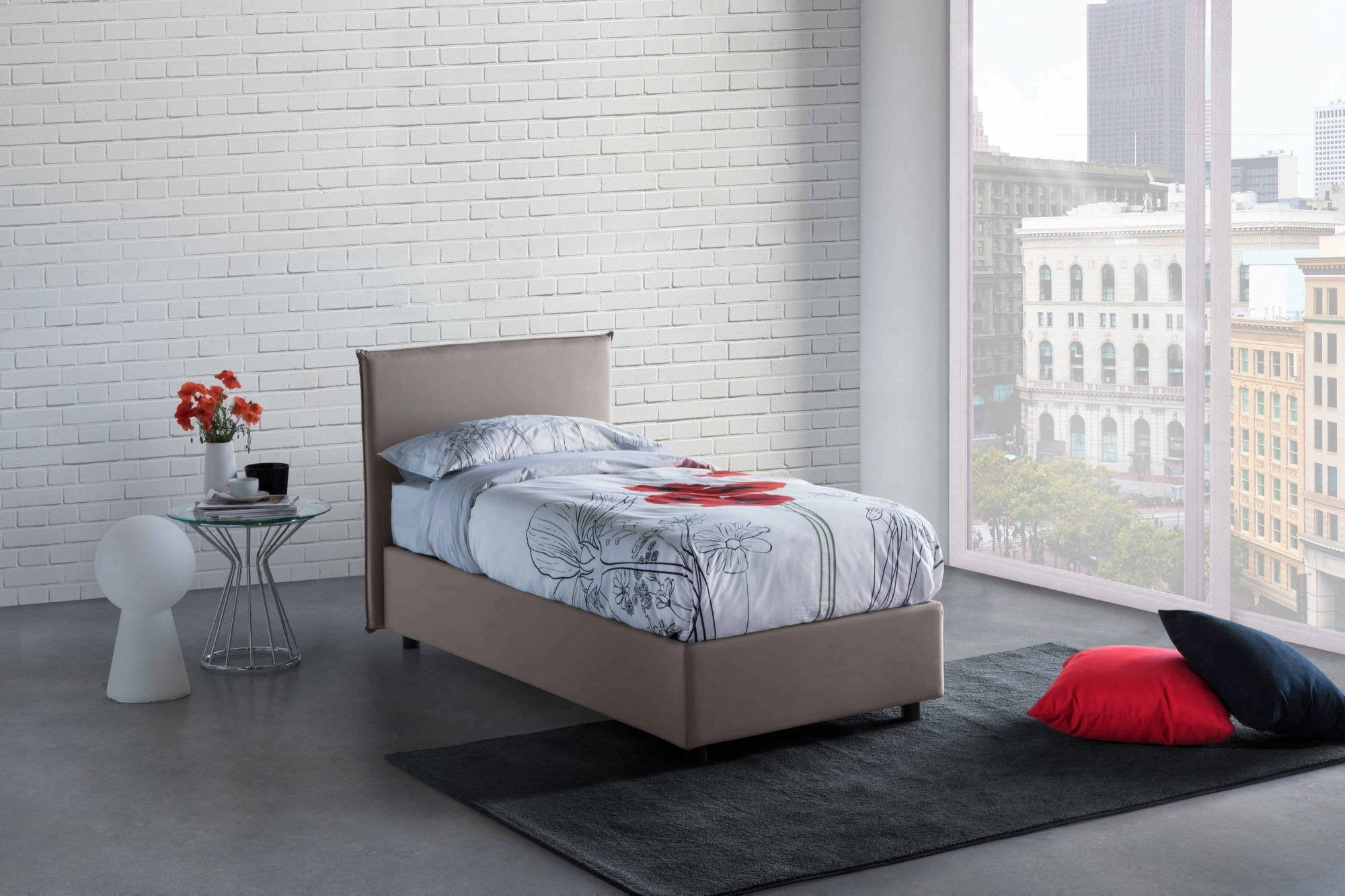 Lit simple Bruna, Lit coffre avec revêtement en tissu, 100% Made in Italy, Ouverture frontale, adapté pour matelas 80x190 cm, Taupe - 2