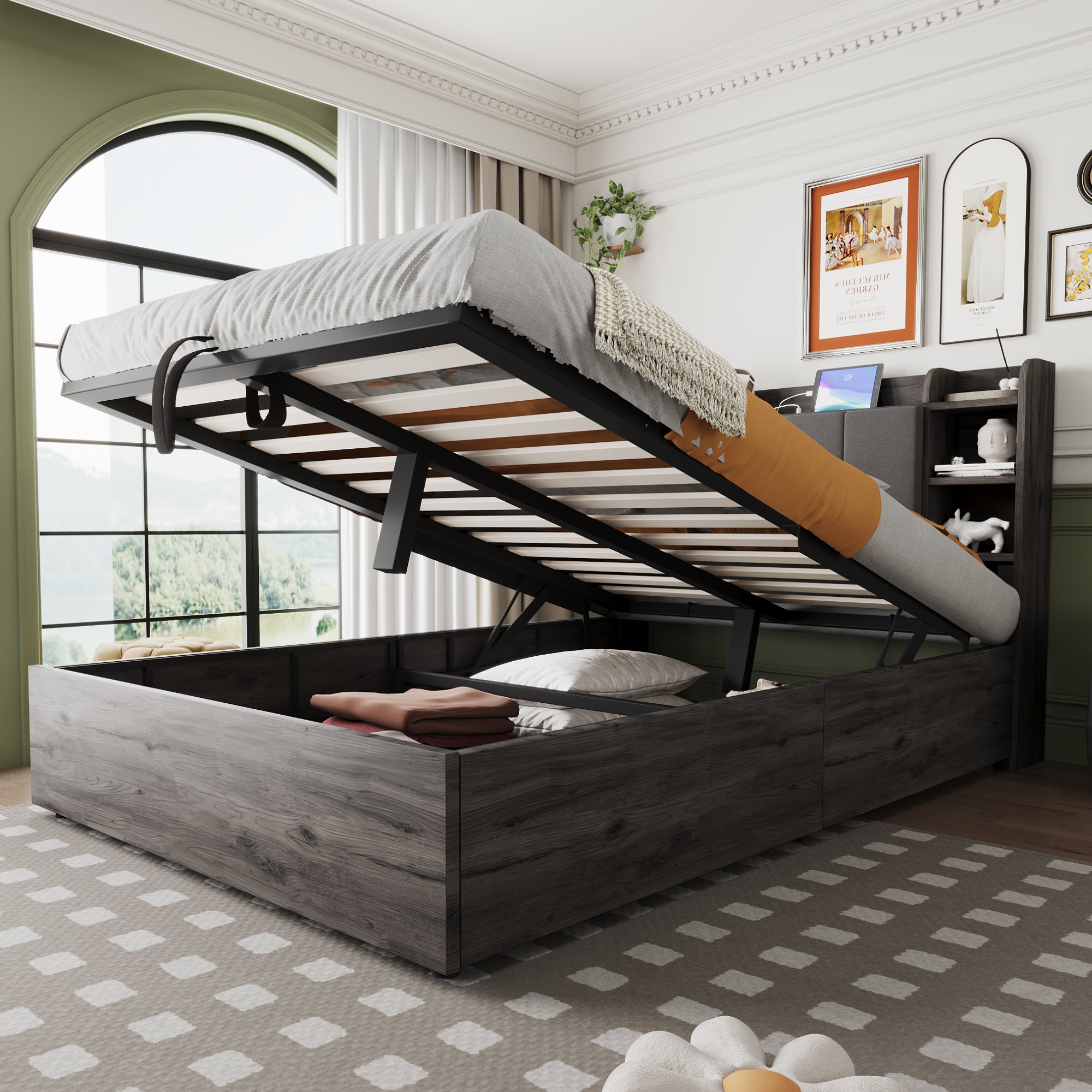 Merax  Cama Con Canapé De 140 X 200 Cm Y Cabecero Con Espacio De Almacenaje, Tomas Usb Y Tipo C, Mdf, (Sin Colchón) Gris , Leroy Merlin