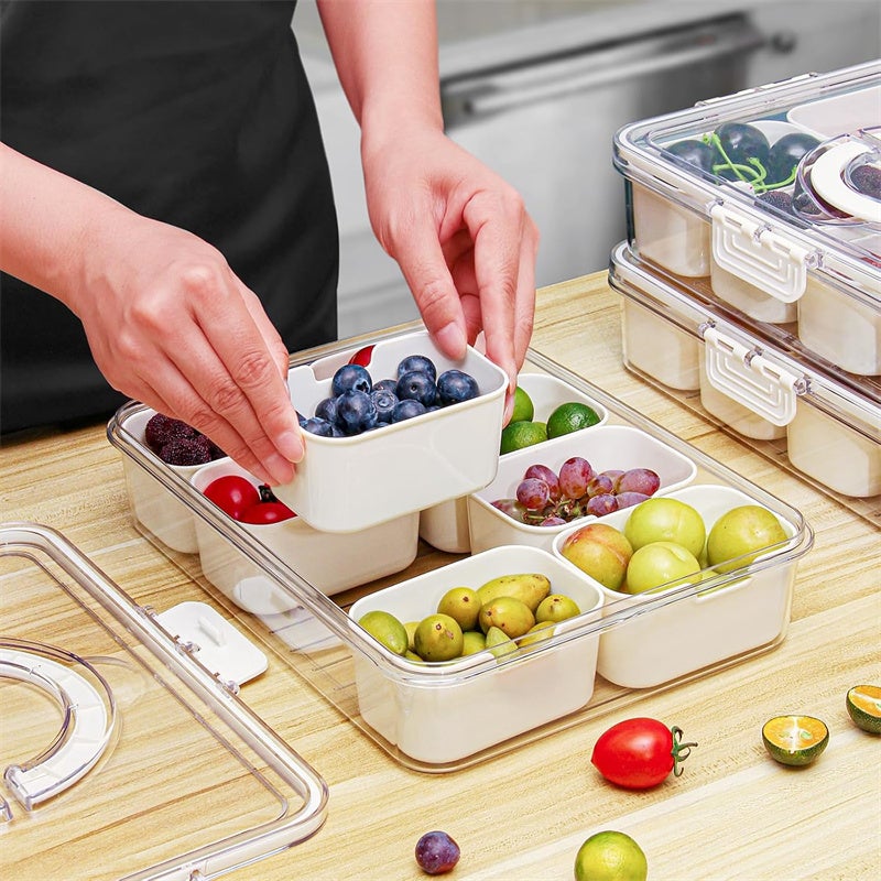 Caja de aperitivos con asa, bandeja de servicio dividida con tapa, bandeja para aperitivos con 8 compartimentos, contenedor para frutas y verduras - 2