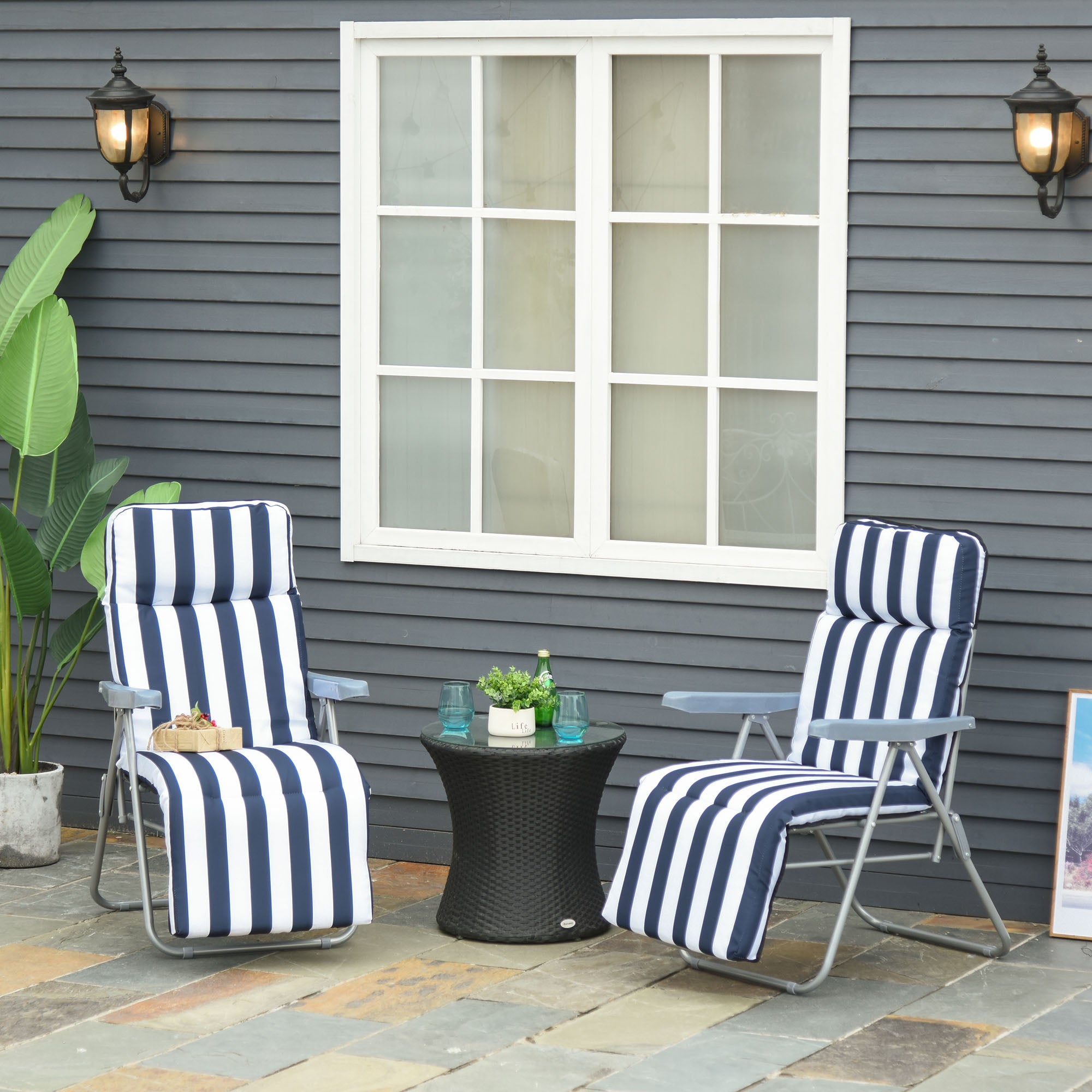 Lot de 2 chaises longues pliantes avec accoudoirs, pliables, 5 positions, coussin, bleues, 60 x 75 x 102 cm - 3