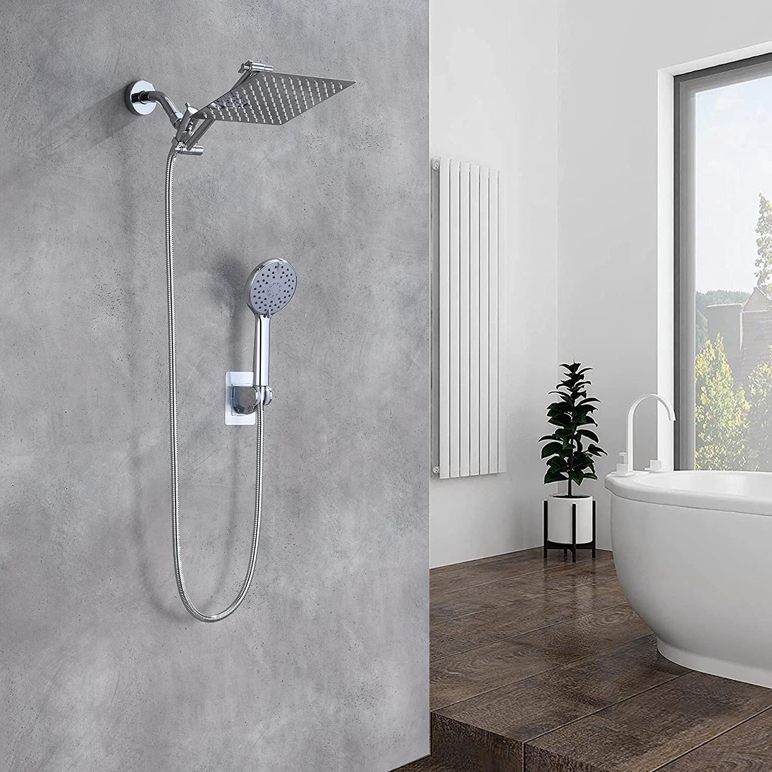 Ensemble de douche chromé de 20 cm avec rallonge, pommeau de douche haute pression, bras d'extension réglable et réglages manuels, et douchette bass. - 3