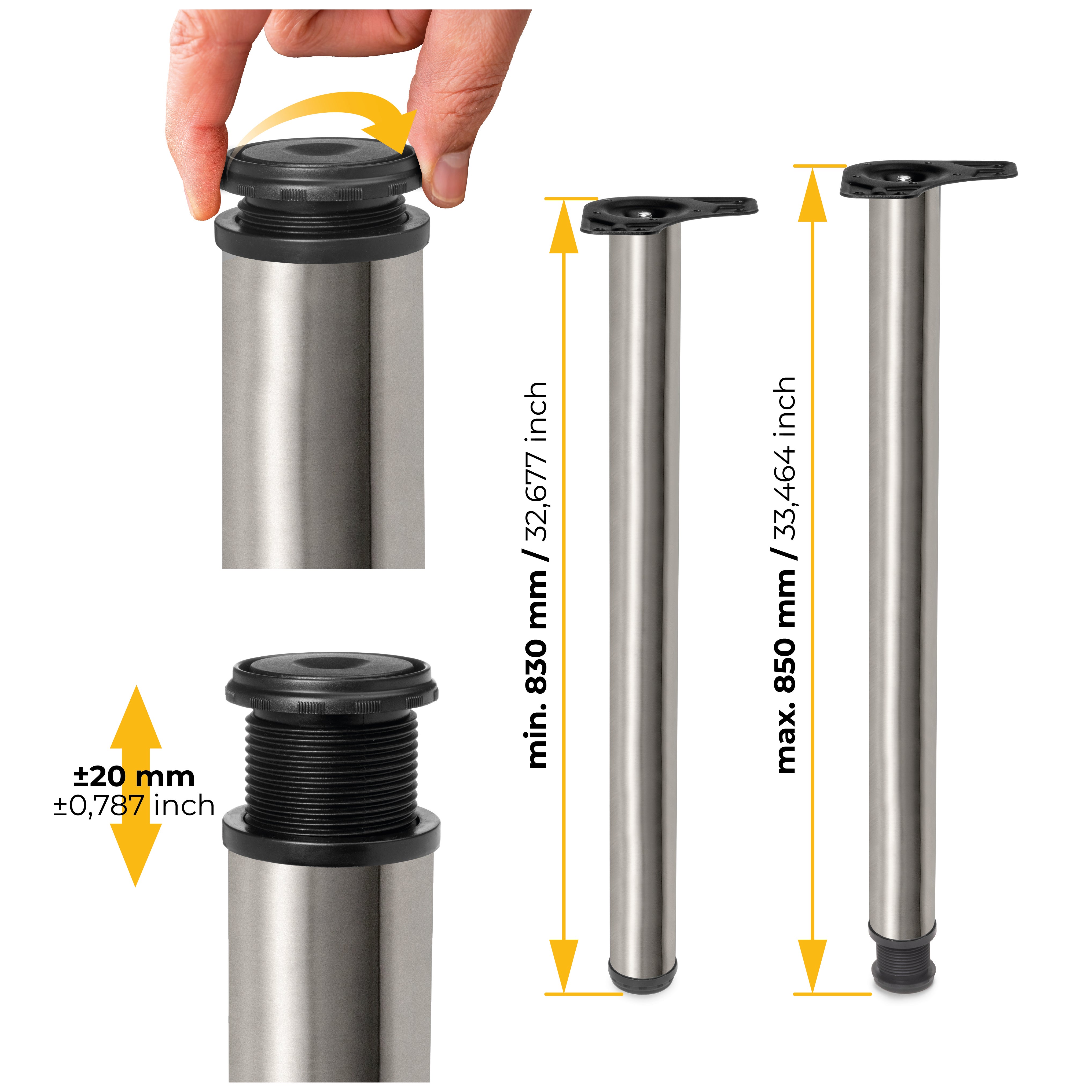 Emuca Lot de 4 pieds de table, diamètre 60mm, H 830mm, Acier, Nickel satiné - 6