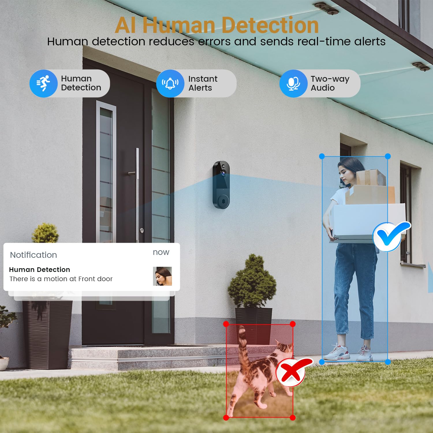 Sonnette vidéo intelligente, caméra Wi-Fi sans fil avec vision nocturne, détection de mouvement, stockage cloud, audio bidirectionnel, sonnette (noir) - 2