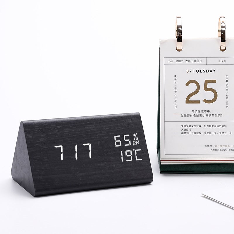Réveil numérique en bois, avec fonction snooze, date, température et humidité - Noir - 2