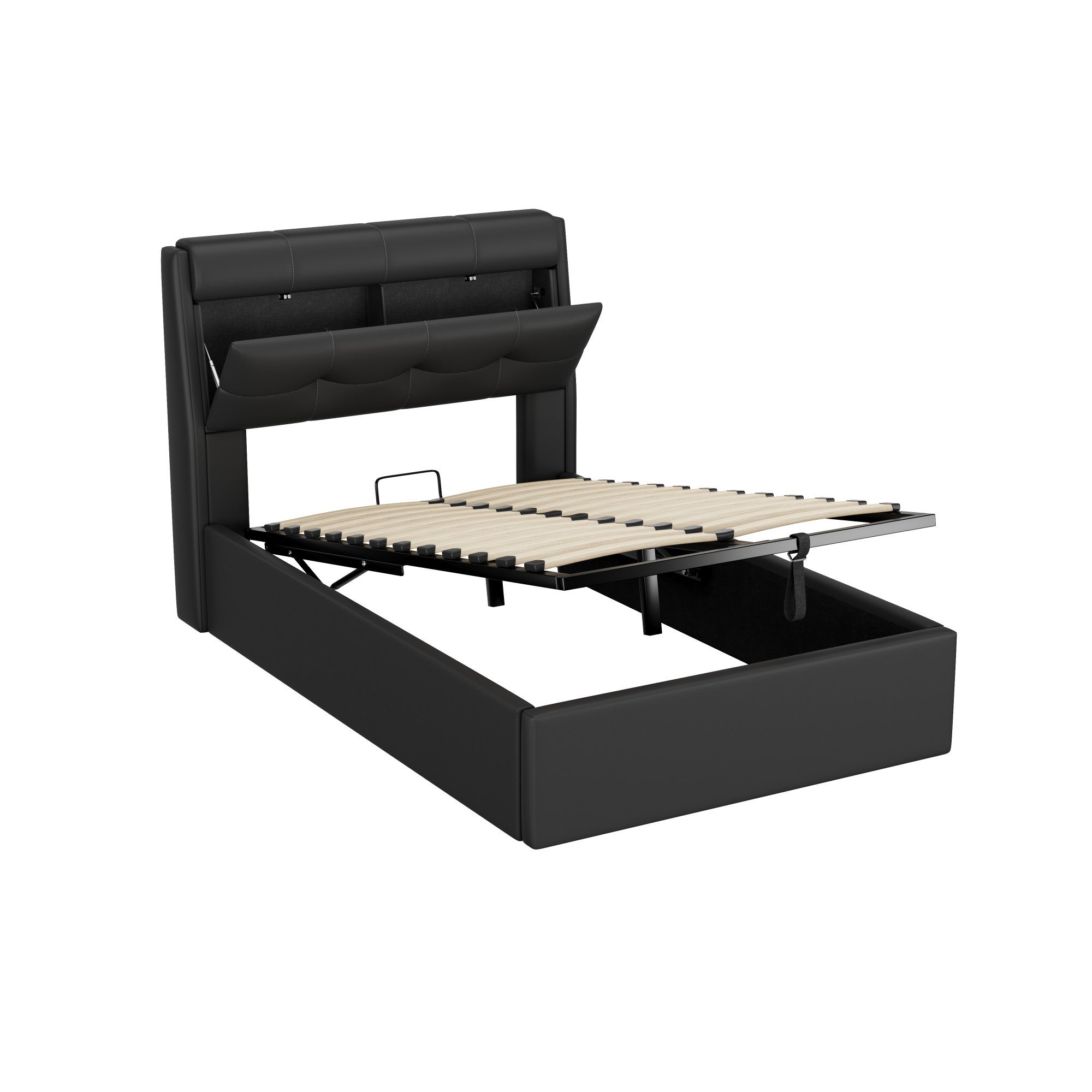 Lit coffre 90 x 200 cm avec tête de lit rangement - LEDs - Cuir PU - Noir (sans matelas) - 9