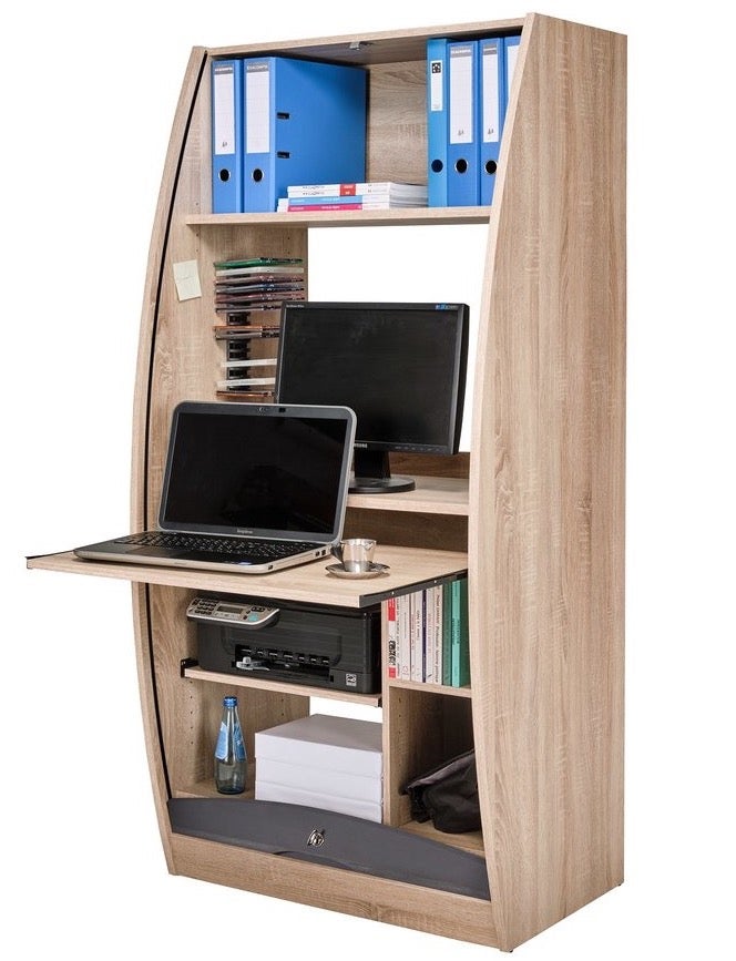Meuble Bureau Informatique Avec Rideau – Bois Massif Foncé – 100 Cm
