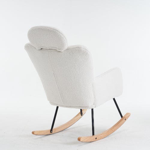 Chaise à bascule en tissu Teddy doux, matelassée, avec dossier en mousse, structure bois et base métallique noire, blanche, pour salon et chambre - 3