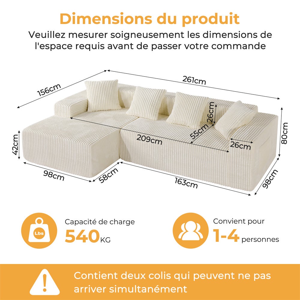 DRIPEX Canapé d'angle gauche en velours côtelé avec 4 coussins,Canapé sans assemblage avec méridienne en L,261×156×80cm,Beige - 3