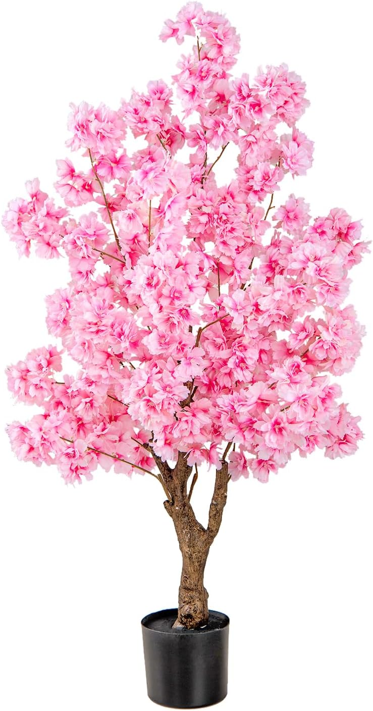 Sztuczne Drzewo Wiśniowe, Wysokość 118 cm, Roślina Sakura z 96 Różowymi Kwiatami, Pień z Realistycznymi Żyłkami, Roślina Dekoracyjna do Salonu