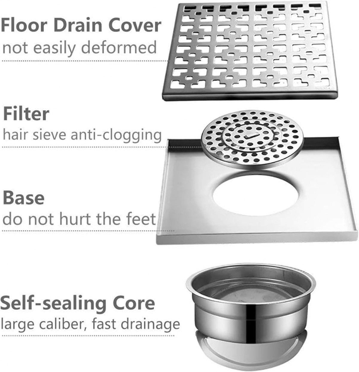 Ralo de pavimento para jardim exterior, com filtro anti-odores e filtro de cabelo, prateado – 10 x 10cm - 6