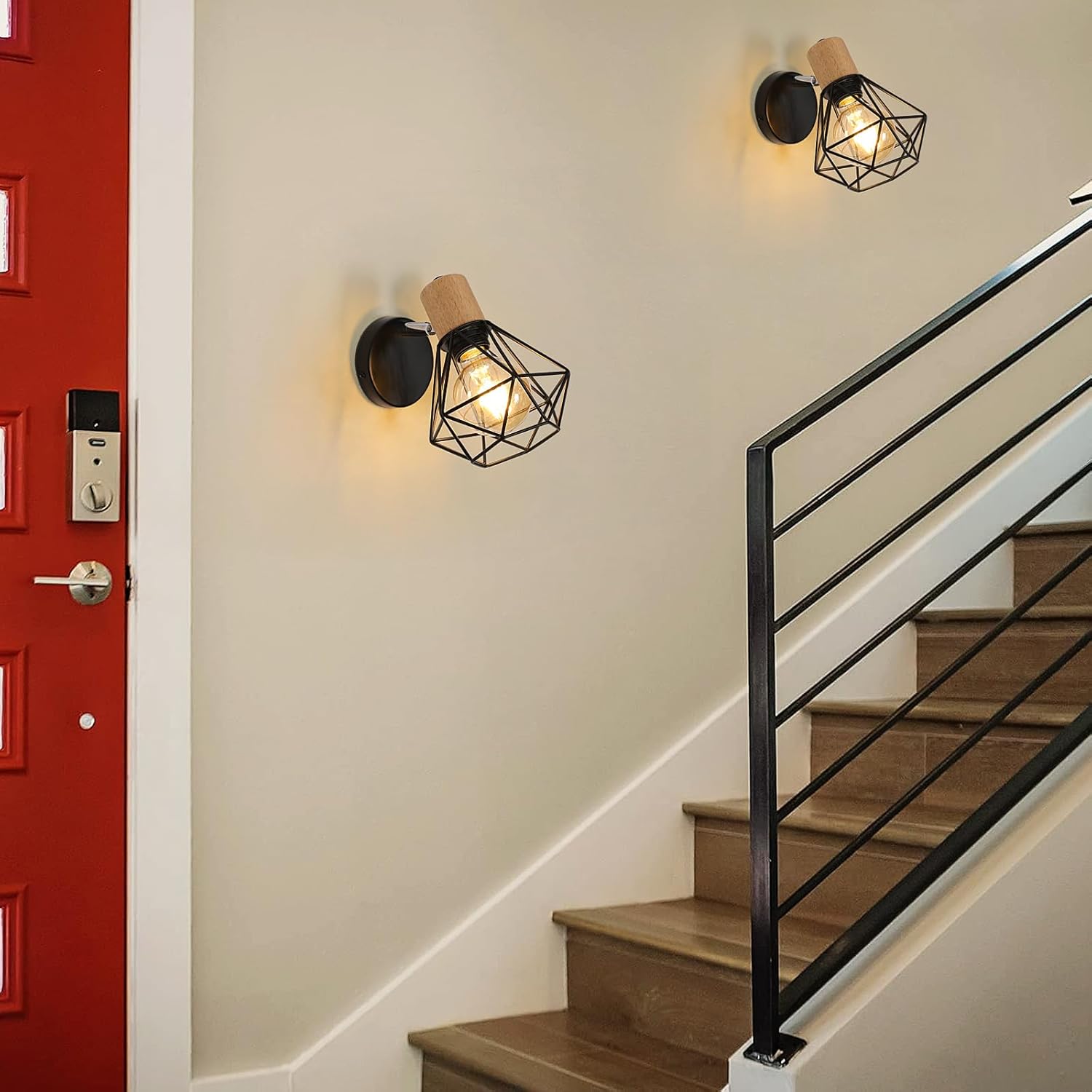Kinkiet w stylu vintage industrialnym, obrotowa lampa ścienna z drewna, lampa klatkowa z czarnego żelaza do sypialni, przedpokoju, salonu. - 3