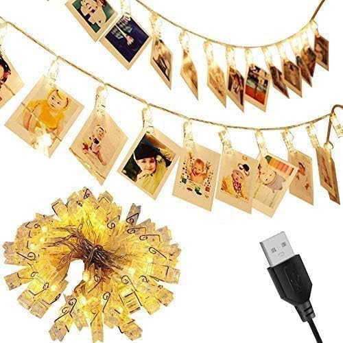 Guirlande lumineuse à pince LED, suspension pour photos, bloc-notes, cartes, mémos, etc. (20 LED blanc chaud, alimentation USB)