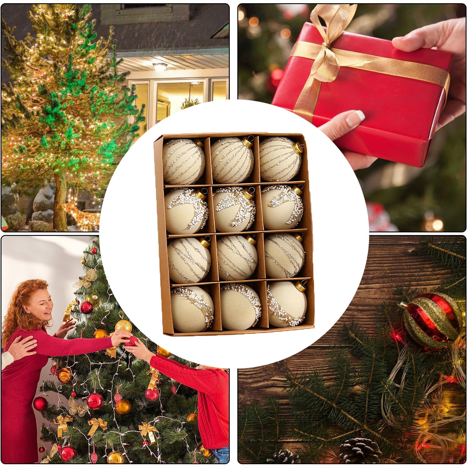 Conjunto de 12 bolas de Natal flocadas brancas, bolas penduradas para árvores de Natal, decorações para árvores de Natal, adequado para festas - 8