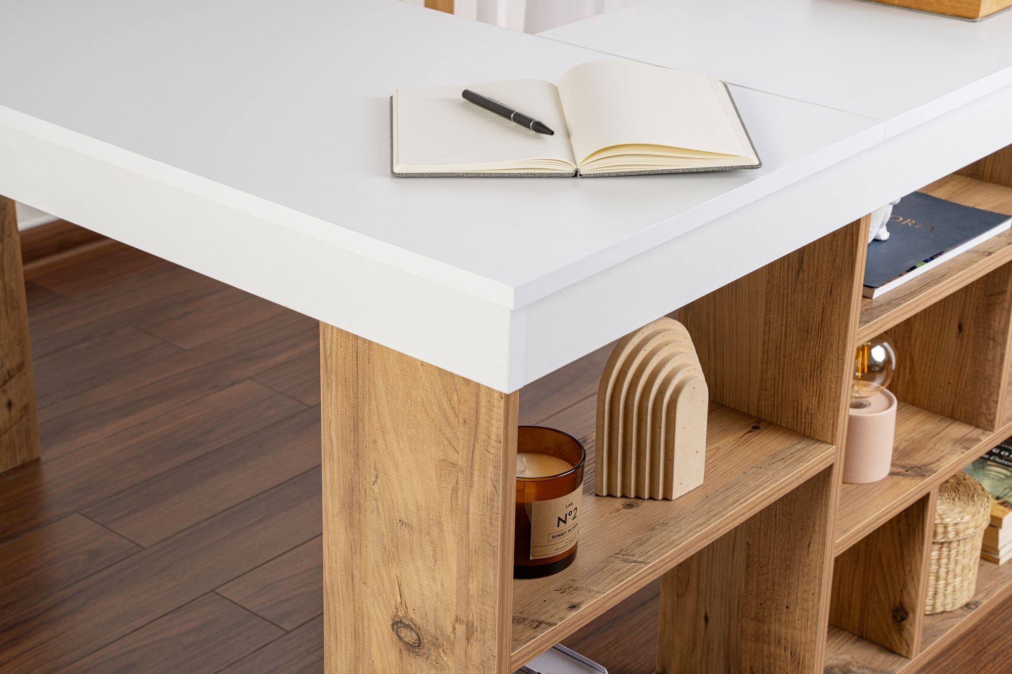 Bureau d'angle avec étagères 130x120x71,8 cm décor chêne et blanc - 4