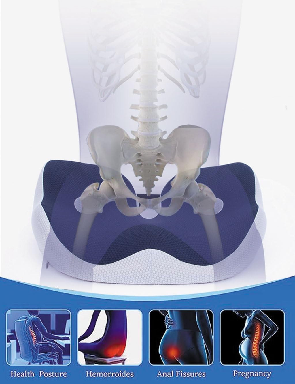 Coussin d'assise bleu, coussin de siège pour soulager les douleurs ischiatiques et dorsales, fessiers, coccyx, hanches, ischio-jambiers, soutien postu - 4