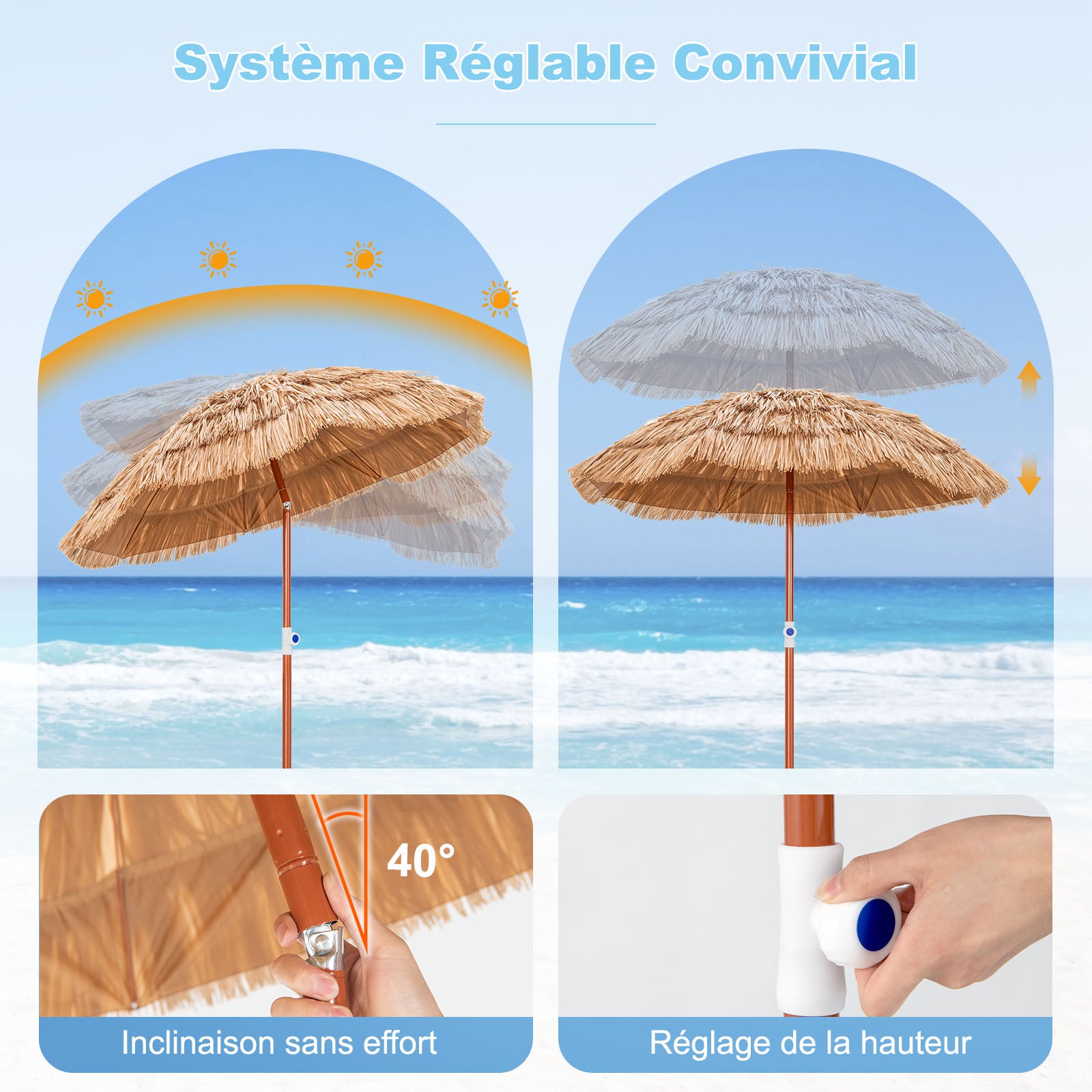Guarda-sol de Jardin Ø175CM em Paille PE, Guarda-sol de Plage em Chaume Estilo Havaiano Inclinável 40° 8 Baleines Hauteur Réglable, Sac de Transport - 3