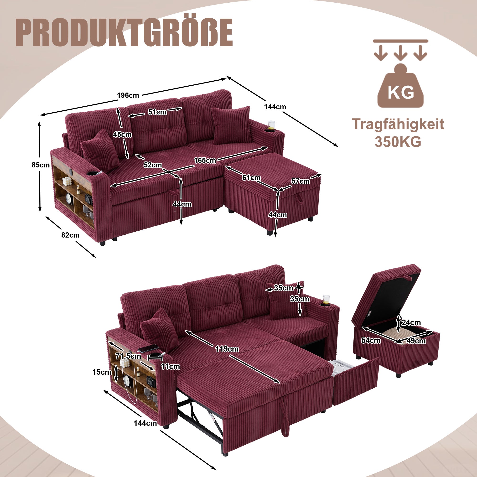 Canapé multifonctionnel en velours côtelé - Rangement + Lit pliant + USB-C + Éclairage d'ambiance + Porte-gobelet (Salon/Chambre d'amis) - 2