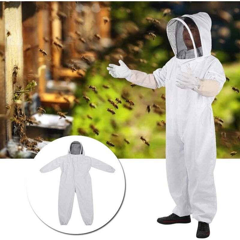 Apicole Costume Équipement de Protection Professionnel Anti Abeille avec Longs Gants et Capuchon en Voile pour Apiculture Apiculteur - Blanc (L) - 4