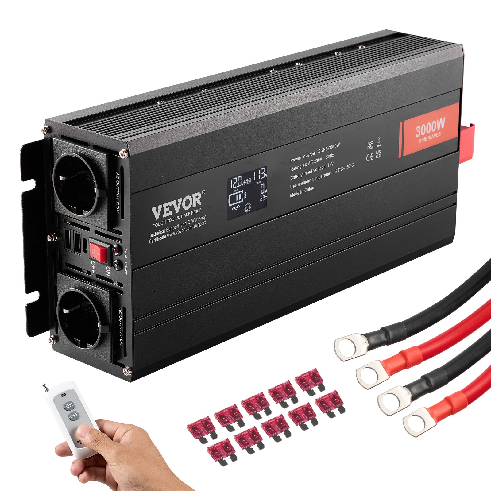 Przetwornica czystej fali sinusoidalnej 3000W DC12V AC 230V przetwornica napięcia 2 gniazda AC 2 porty USB 1 port Type-C Wyświetlacz LCD i pilot VEVOR