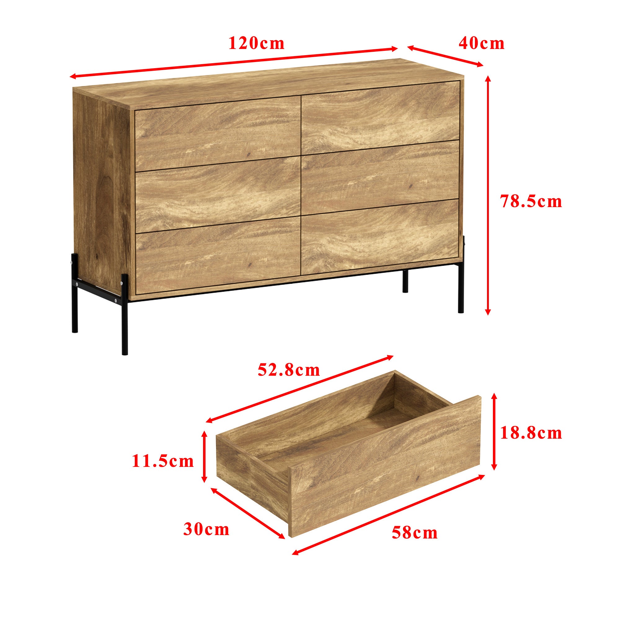 Commode avec 6 Tiroirs et Pieds en Métal, Meuble de Rangement avec Aspect du Bois, Chambre, Salon et Bureau, 120x40x78.5, Chêne - 2