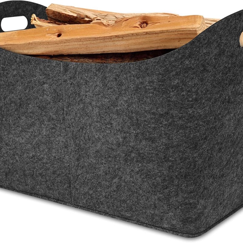 2-częściowy filcowy kosz na drewno o wymiarach 55 x 32 x 40 cm ze wzmocnionym uchwytem, worek do przechowywania (ciemnoszary)