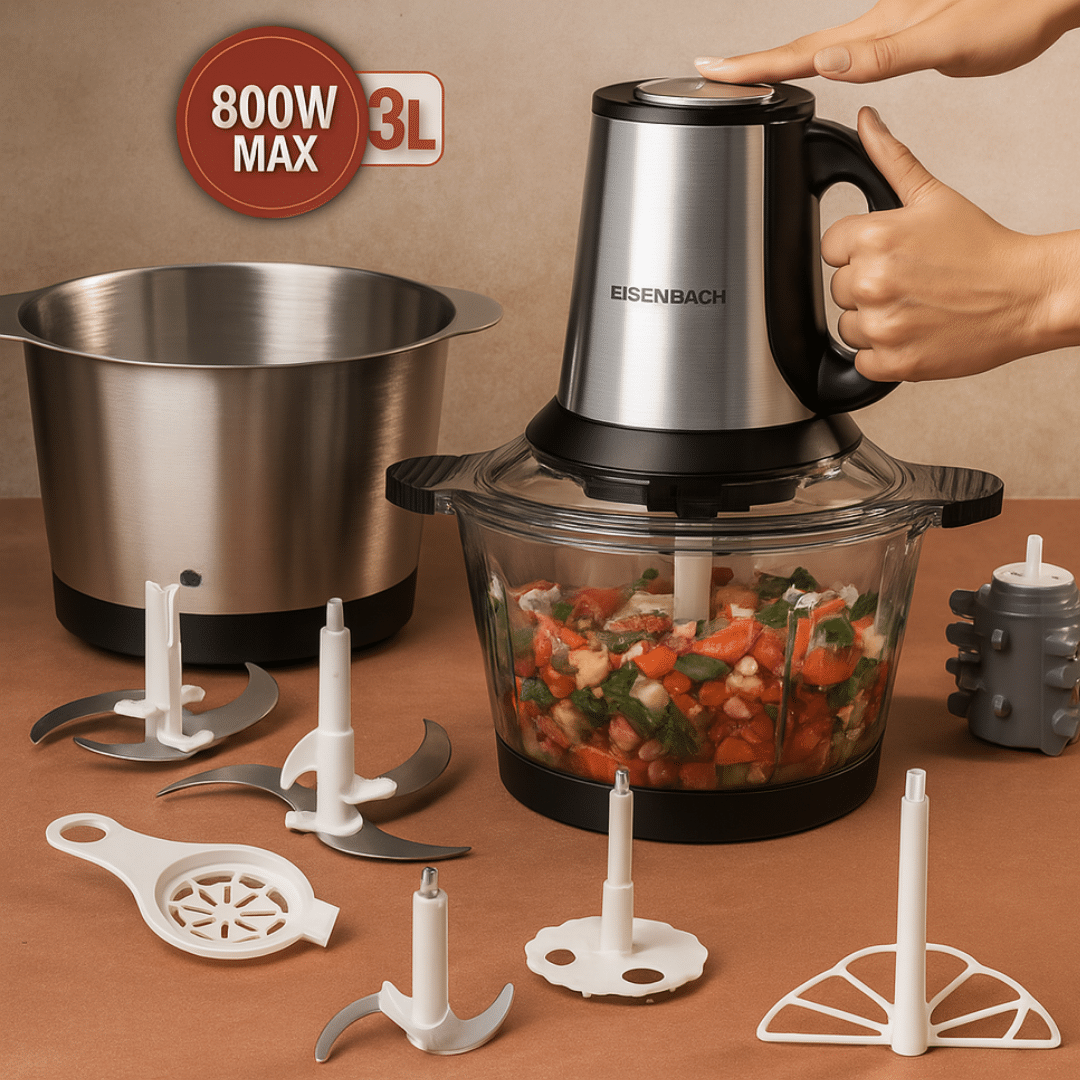 Picadora de 4 hojas en acero inoxidable 3 Litros 800w / bol Vidrio + bol acero inoxidable / Cabezal de Acero Inoxidable / 2 Velocidades - 4