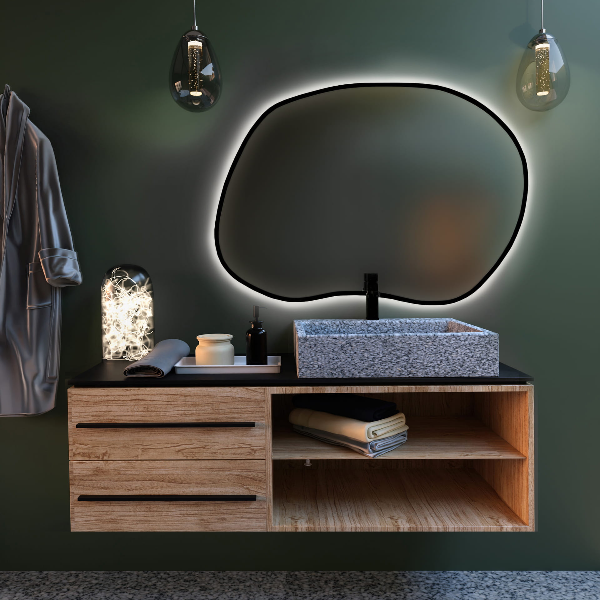 Lustro nieregularne Tiny Border Stain II 70x50 ramka czarna barwa światła ciepła