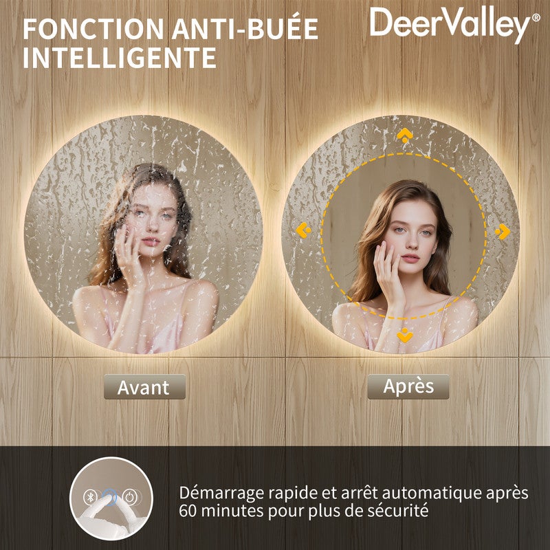 Miroir de Salle de Bain LED Rond DeerValley 80x80cm - Rétroéclairage Dimmable, Antibuée, Incassable, Bluetooth, 3 Températures - 4