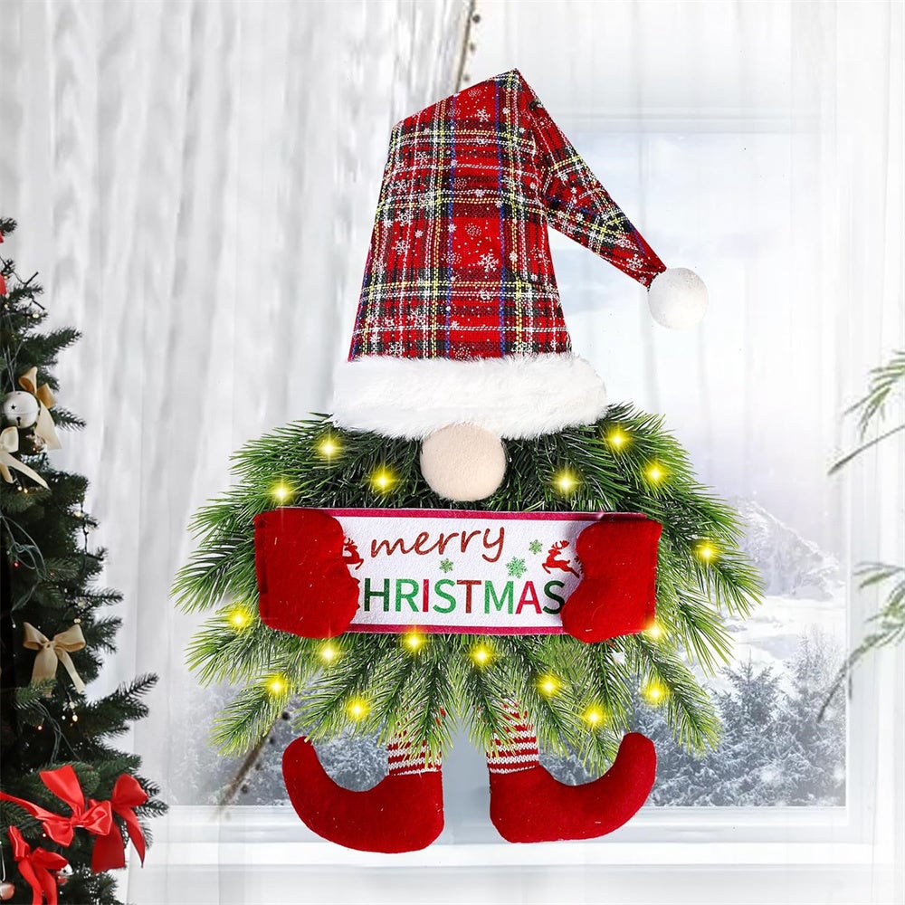 Couronne De Noël Lumineuse Avec Nain Suspendu - Décoration De Porte D'entrée - Guirlande LED Intégrée 1m - Matériau Doux Et Durable