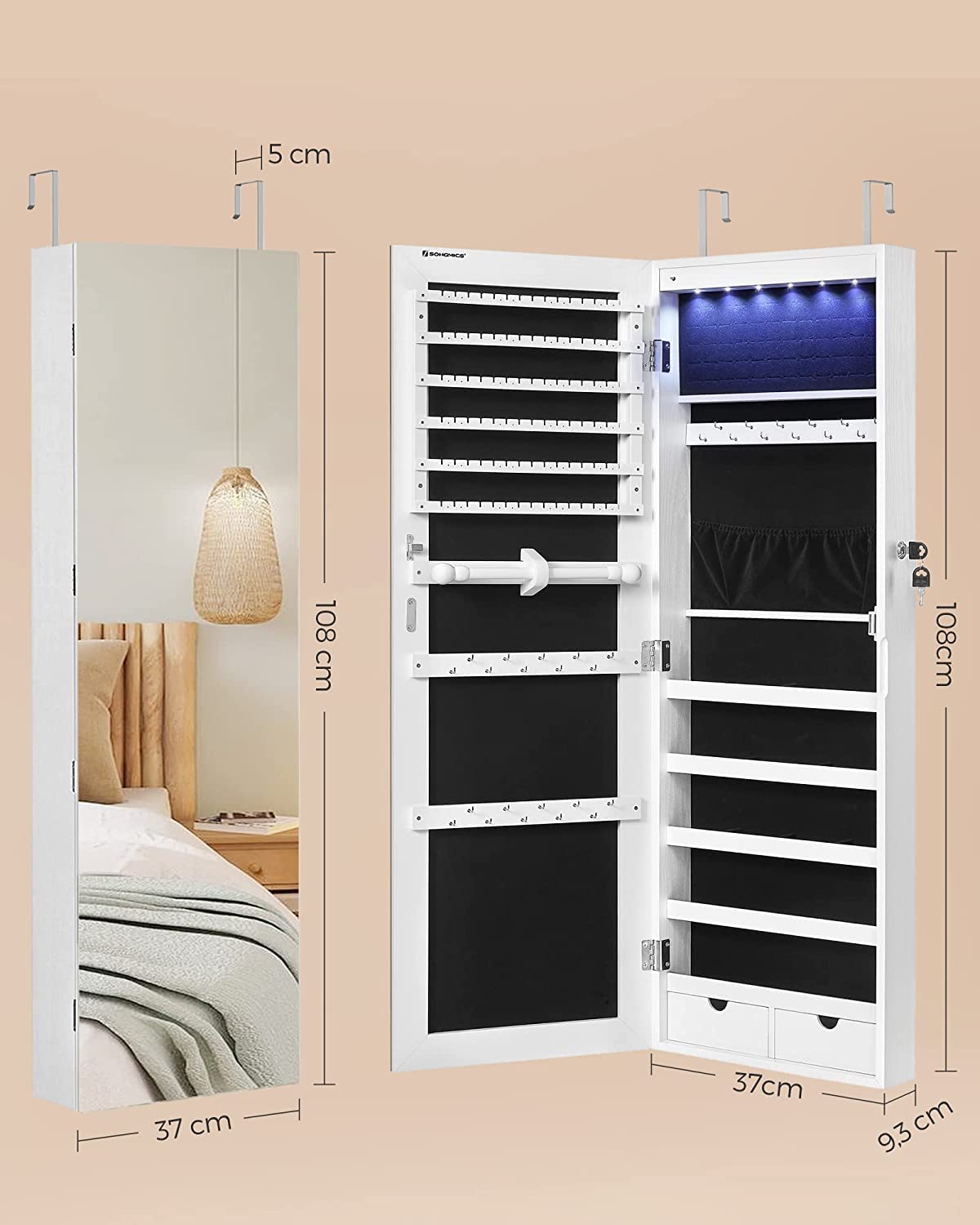 Armoire à Bijoux avec Miroir Long, Rangement Bijoux avec 6 Lampes LED, à Suspendre à la Porte ou à Fixer au Mur, Blanc - 6