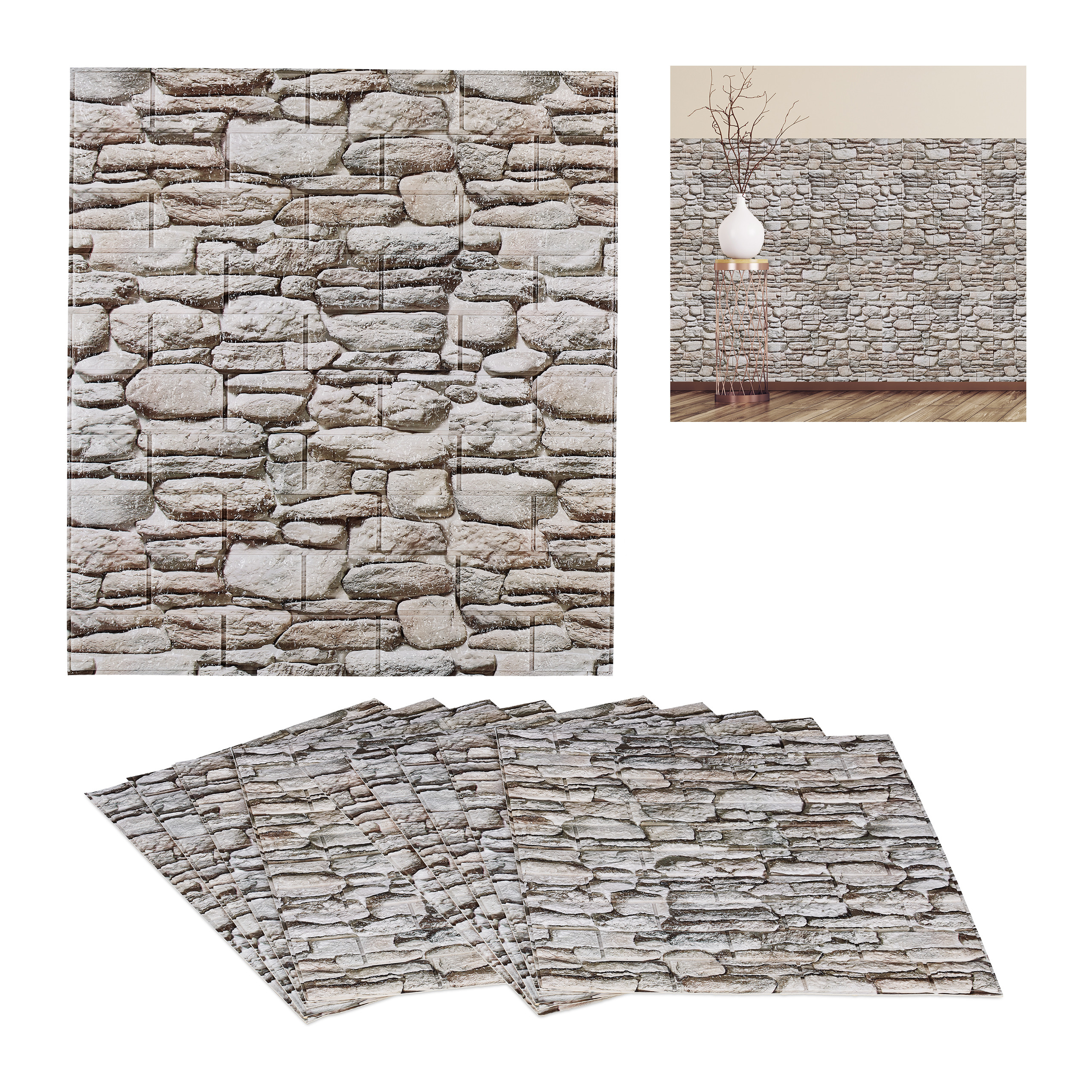 Relaxdays paneles pared, efecto piedra, set de 10, autoadhesivos, cortables a medida, 3d, 77x70 cm, decoración, gris