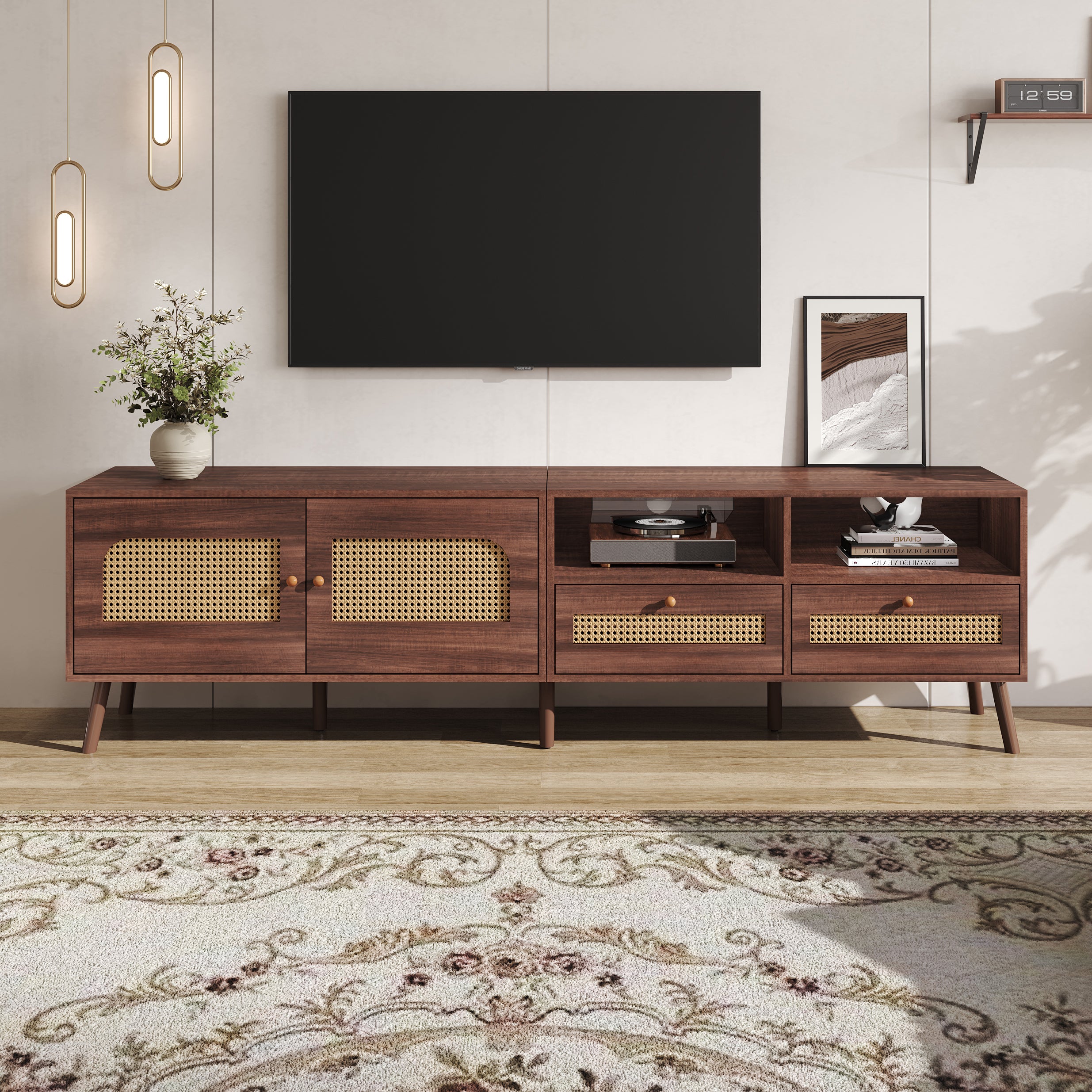 Szafka pod TV z 2 drzwiami rattanowymi, 2 szufladami i 2 przegrodami na telewizory do 80 cali - 200 x 37 x 49,5 cm - Płyta wiórowa - Brązowa