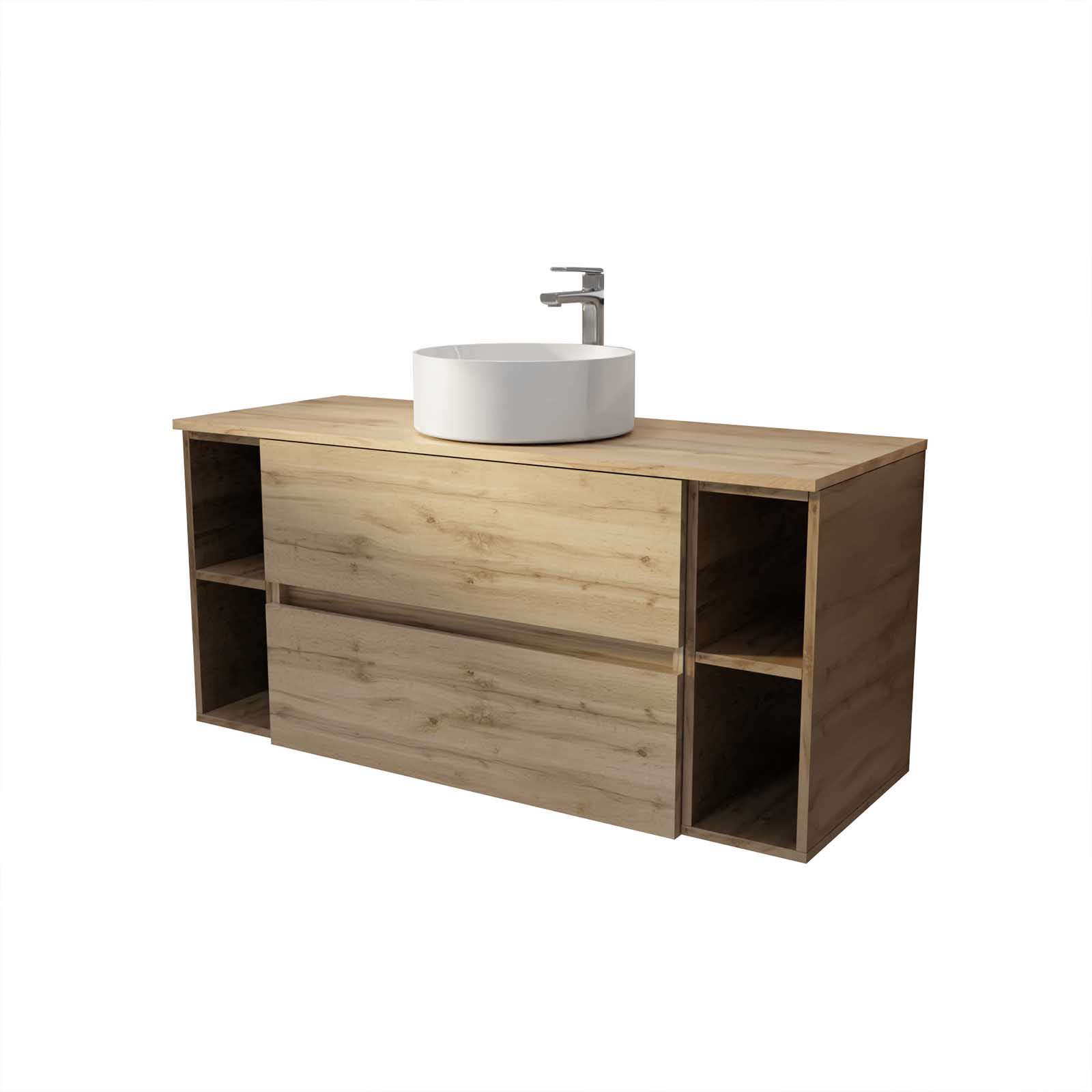 Meuble de salle de bains 120 cm TIMBER - Décor Chêne, 2 tiroirs, Vasque blanche à poser - 3